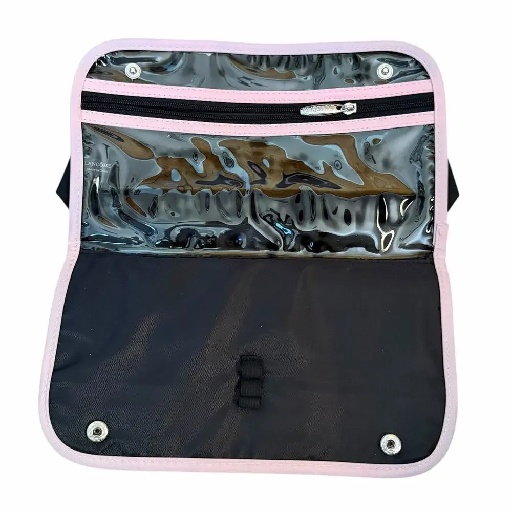 Lancome 2 Piece Makeup and Toiletry Zipper Travel Bags Case Pink Black New